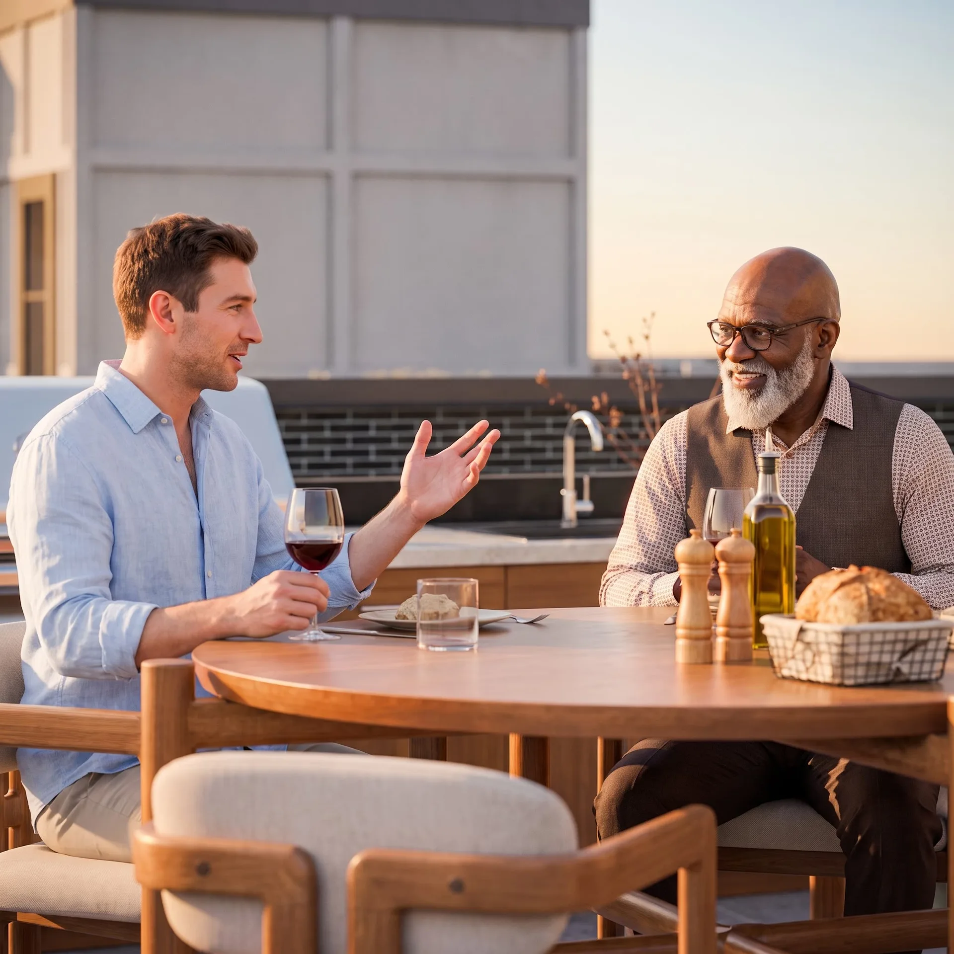 Rooftop dining table set for a meal, with the city beyond