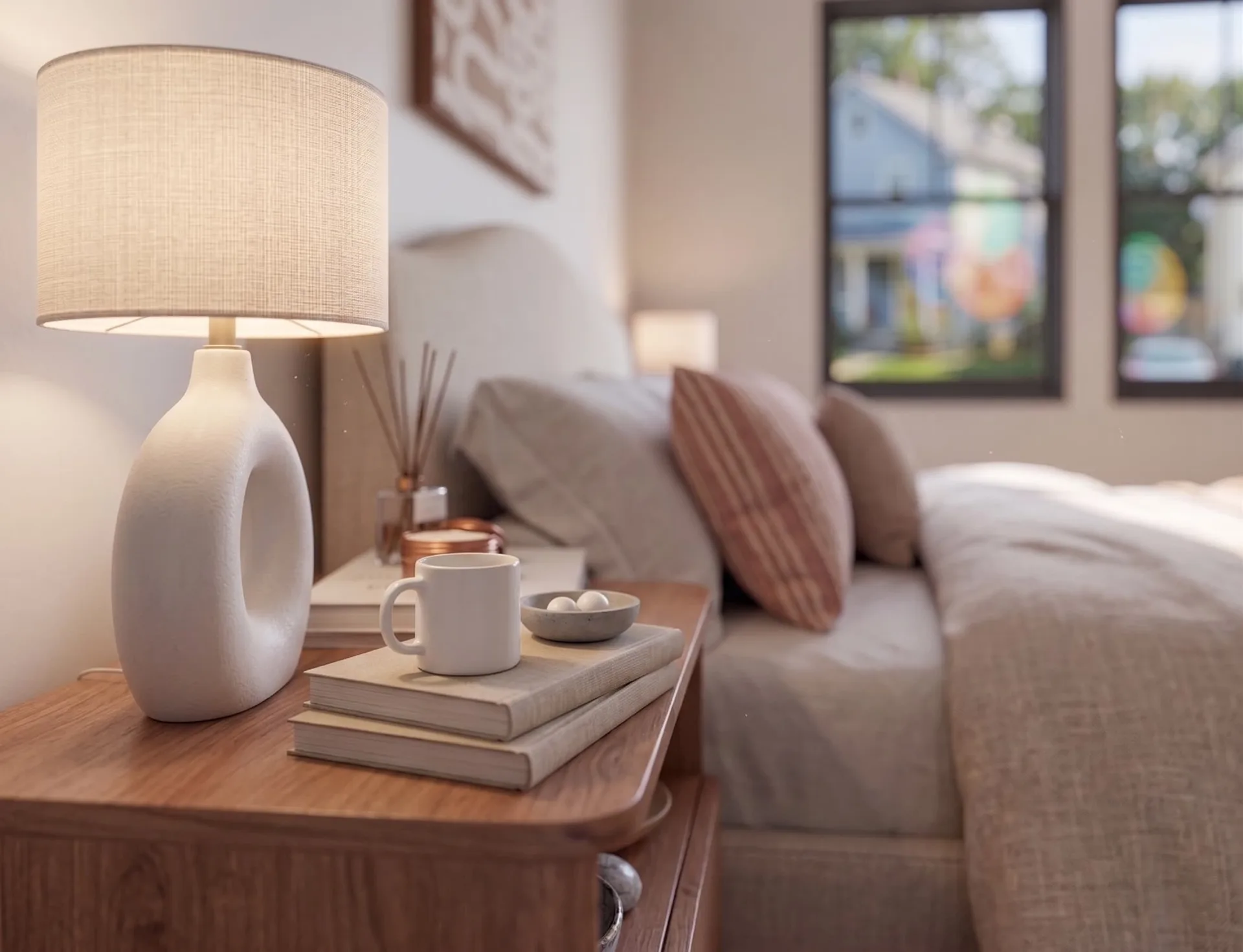 Bedside detail with a lamp, books and a cup