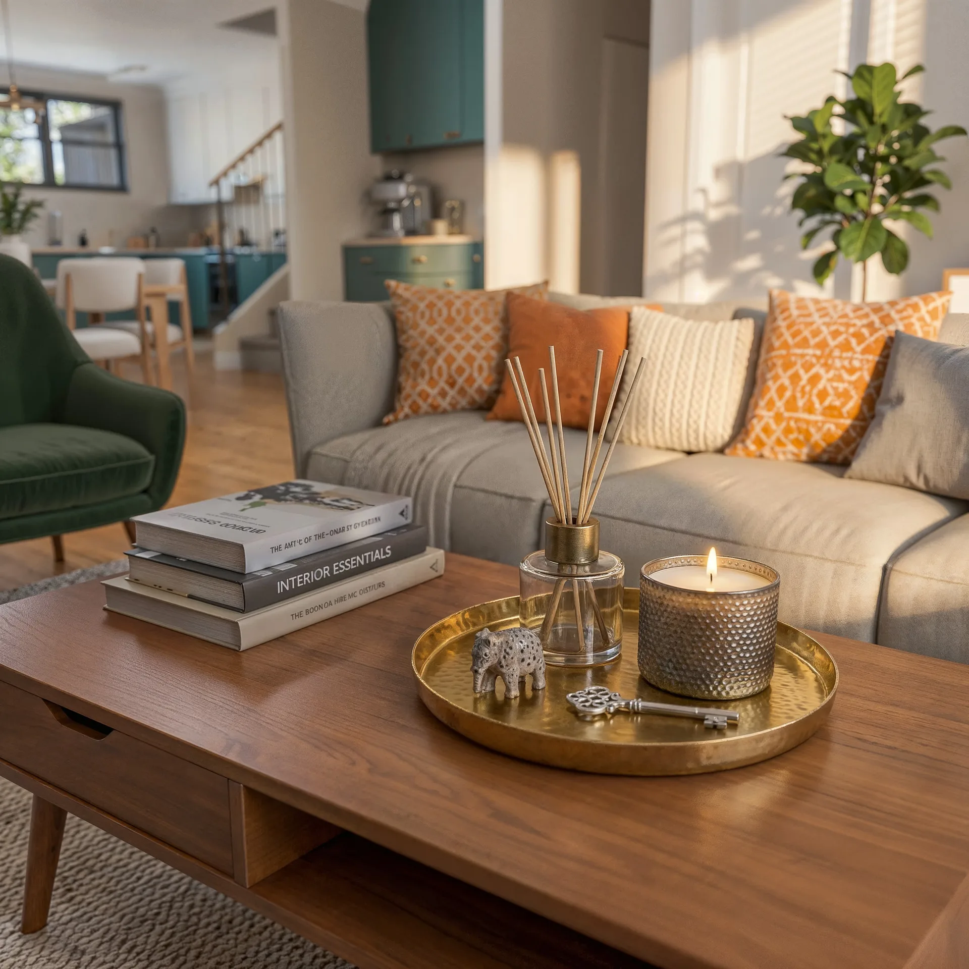 Living room detail with a coffee table, candle and tray