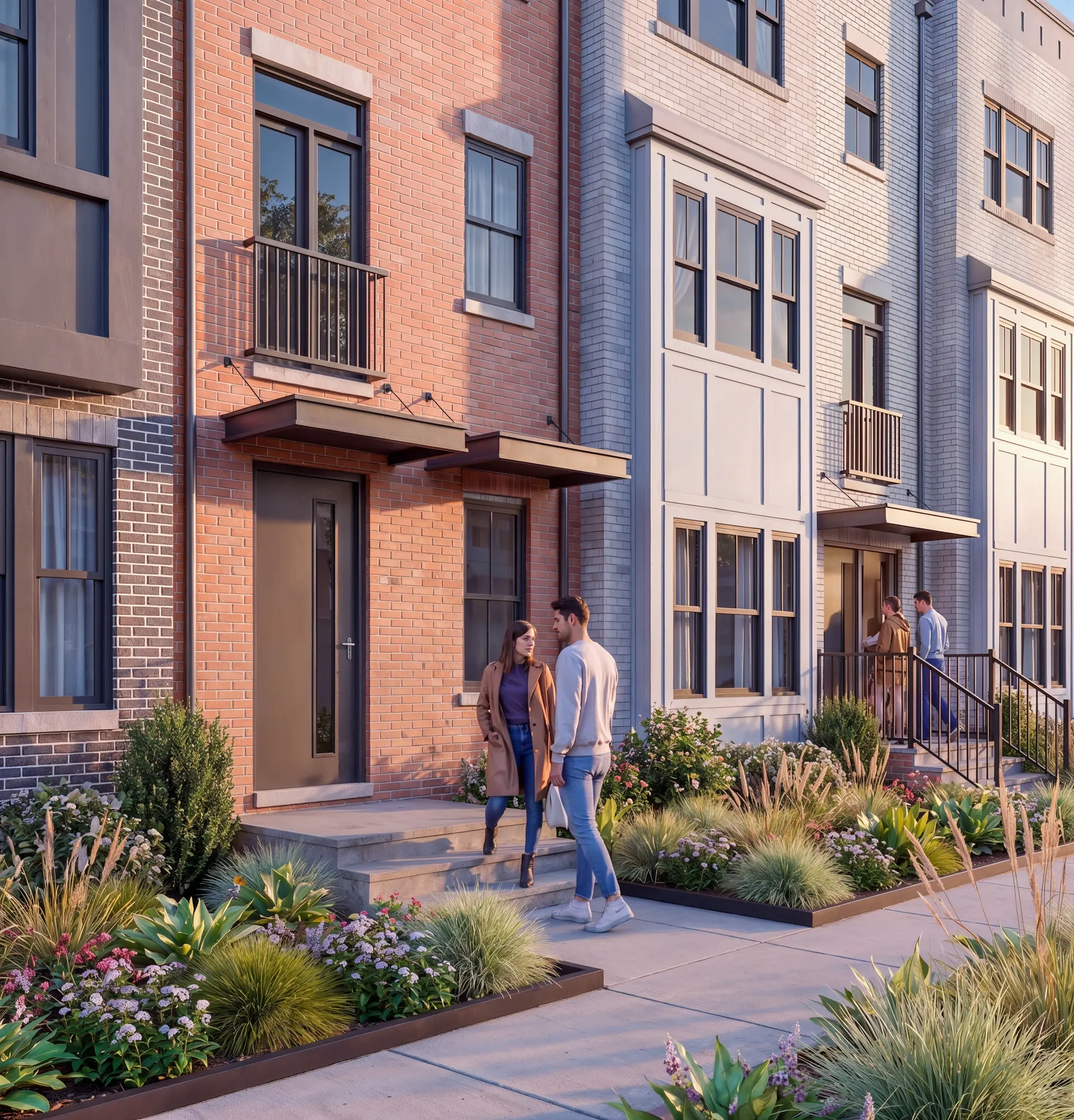 Street level view of the townhome facades in red and painted brick, with people walking past