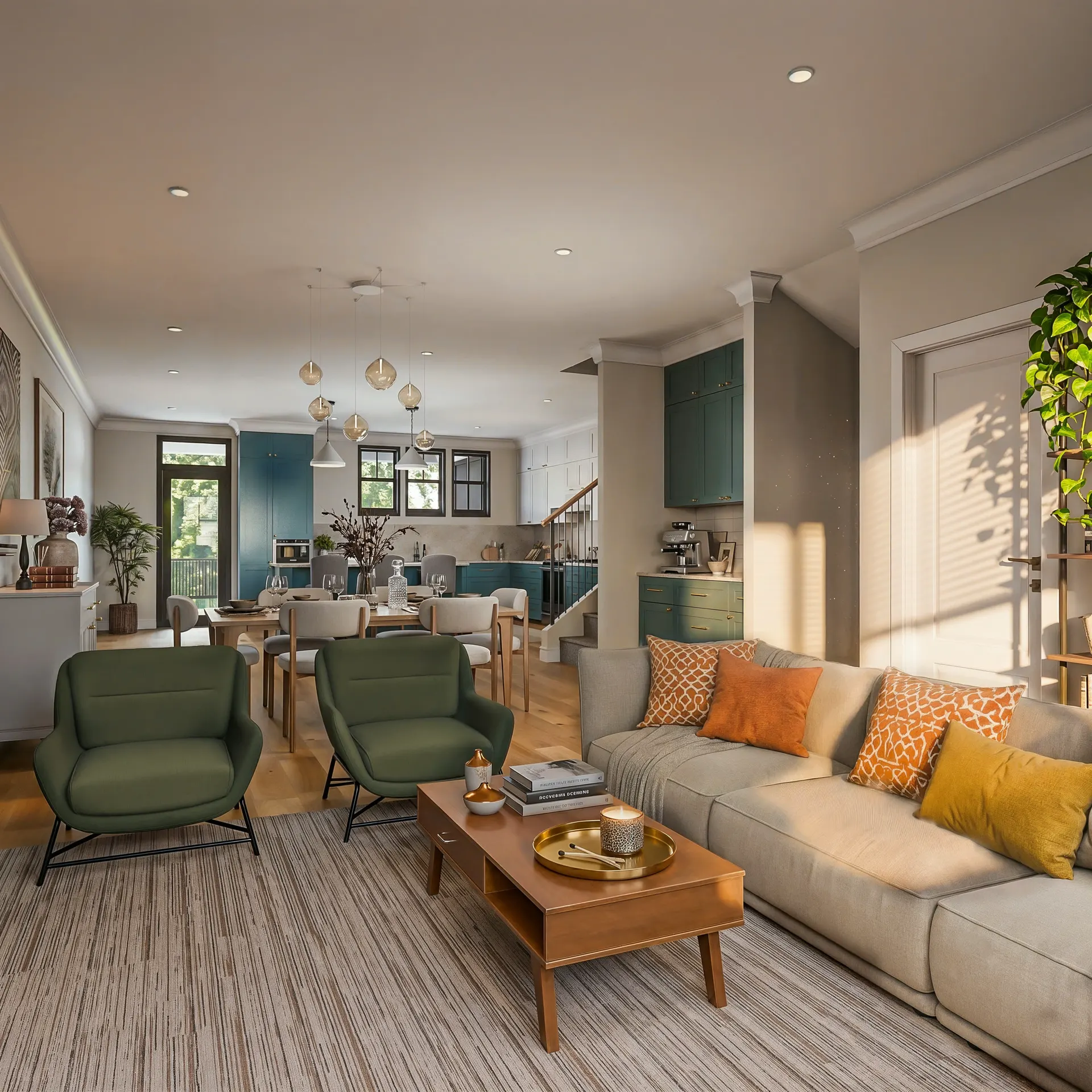 Living and dining room with tall windows and oak flooring